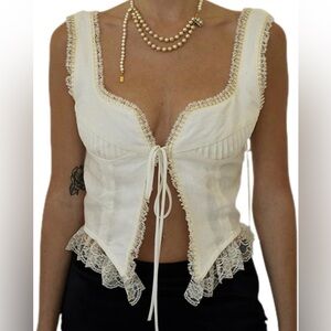 Cream Lace Trim Front Tie Top